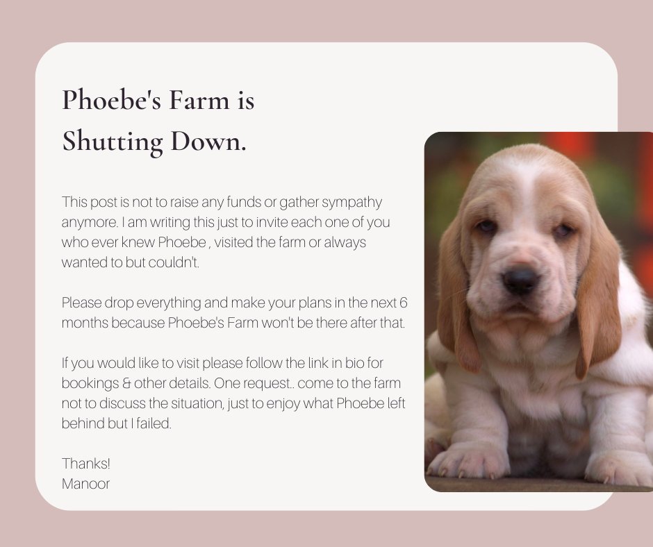 PhoebesFarm's tweet photo. end of an era, do read 🙏

I would like to thank everyone who tried their best to help us get back on our feet.

@justmanoor
#PhoebesFarm #HumanFriendlyPetResort #Rescued #Rehabilitated #Adopted #Animal #Dog #Cat #Cow #LodgingAndBoarding #Dogs #Pets #PetDog #PetDogs #Mumbai #Pune https://t.co/bM0ccnM8ok