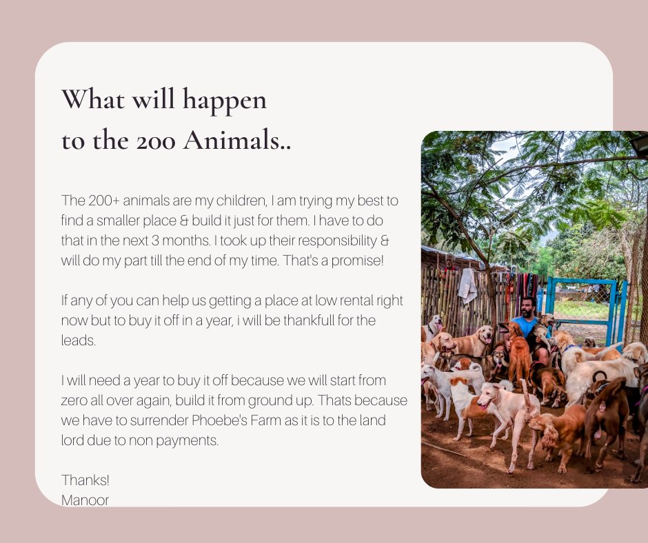 end of an era, do read 🙏

I would like to thank everyone who tried their best to help us get back on our feet.

<a href="/justmanoor/">JM</a>
#PhoebesFarm #HumanFriendlyPetResort #Rescued #Rehabilitated #Adopted #Animal #Dog #Cat #Cow #LodgingAndBoarding #Dogs #Pets #PetDog #PetDogs #Mumbai #Pune