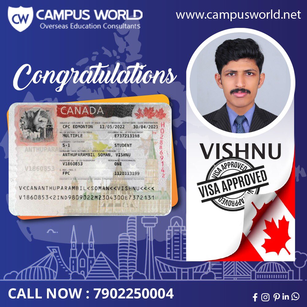 Congrats💐💐💐vishnu on your succesful CANADA VISA. #studyincanda #bachelors #Masters #diplomas #stayback #parttime #education #visa #travel #campusworld