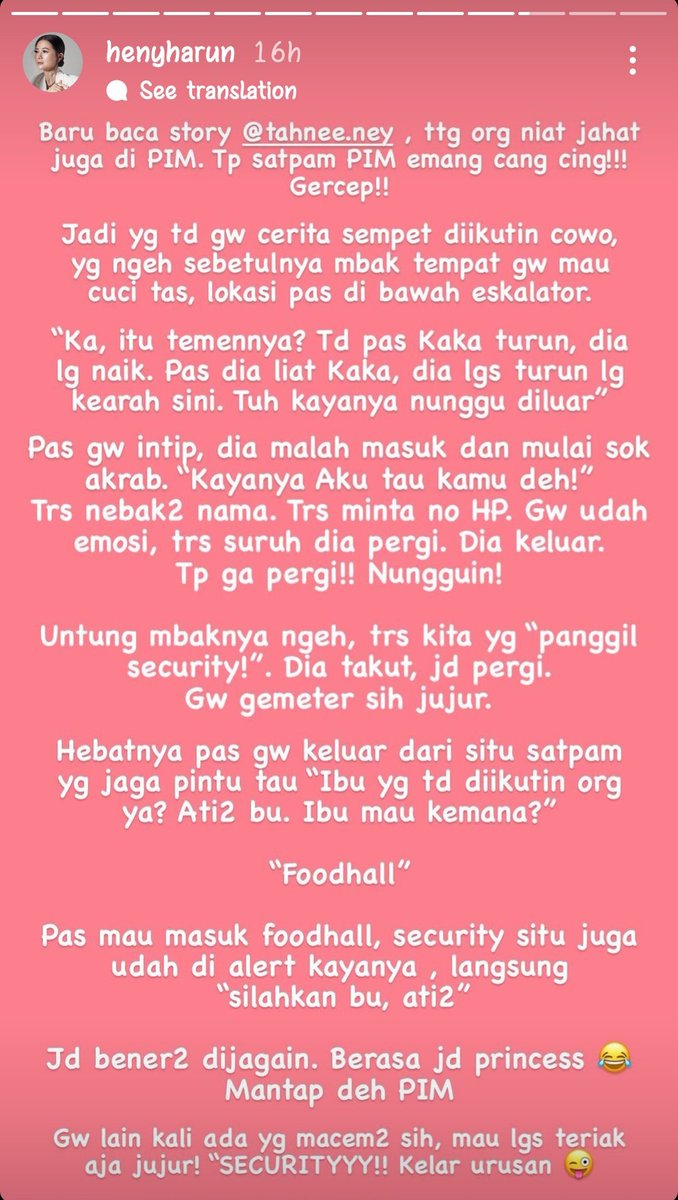 Yang di PIM hati hati ya kalau sudah merasa ada yang ngikutin lgs ngedeket ke security atau ke tempat ramai, kalau di minta ngapa2in kaya liat video atau apa jangan mau bisa aja hipnotis. Ga hanya di PIM temen gw bilang sempet ada kejadian juga di kemvil, so take care ya 🙌.