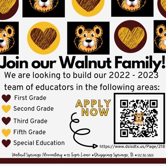 If you’re looking for amazing students, supportive families, and a fun school staff…come join our Walnut Springs Team and be a life changer! #iamwses #iamdsisd #drivingsuccess