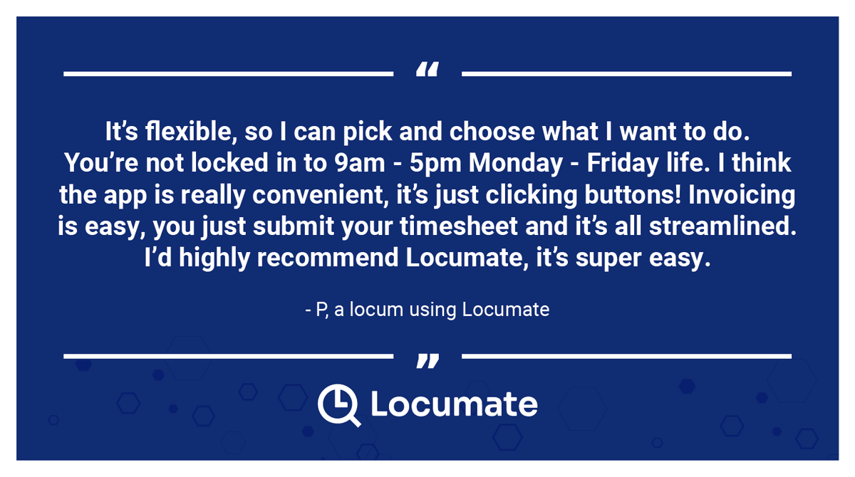 locumate's tweet photo. “It’s flexible, so I can pick and choose what I want to do. You’re not locked in to 9am - 5pm Monday - Friday life. I think the app is really convenient, it’s just clicking buttons! Invoicing is easy, you just submit your timesheet and it’s all streamlined." https://t.co/cJaA2H28ko