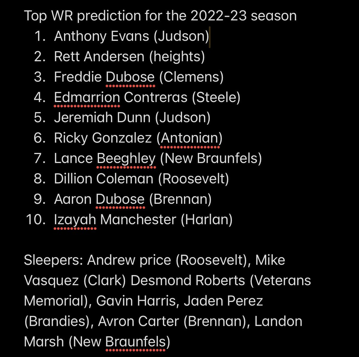 Greedy_Whit's tweet photo. Here’s my prediction of the Top WRs for the 2022-23 Season! I’ve watched film on almost every high school WR in SA this season is going to be a big one with all these playmakers @Greedy_Tre @210Preps @BDammone @STX7v7 @PPG_Jackboyz @DKMOne3 @cleroy3 #2TenVsEverybody #RealGreedy https://t.co/T34NKtiUc8