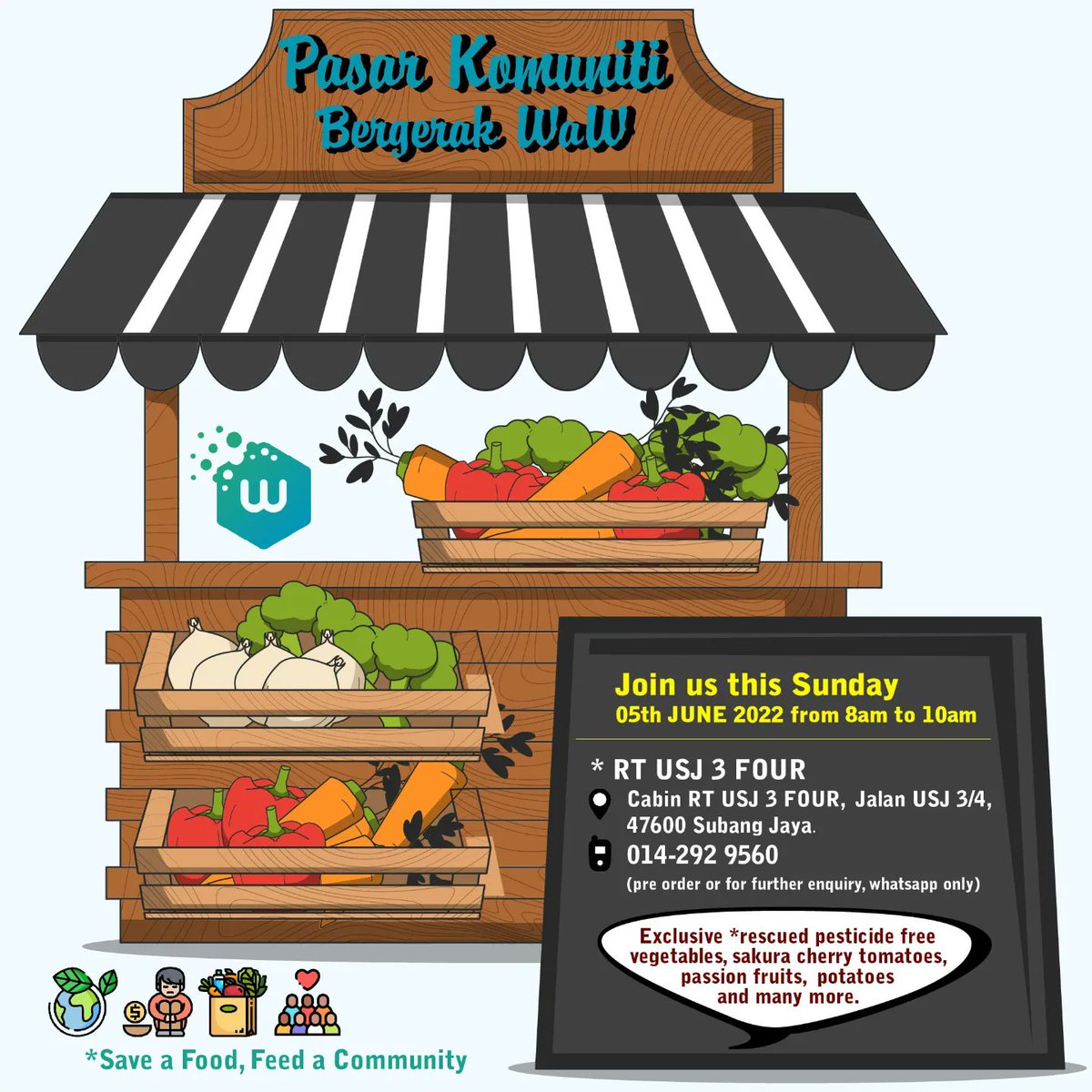 whatawasteMY's tweet photo. [SHARE IT] Join us this Sunday!
Pasar Komuniti Bergerak WaW at RT USJ 3 FOUR  Selling fresh veggie to support WAW programme. 🥬🍅🥔🥚🧄🧅
Fresh n reasonable price. 😀🥰
This Sunday, 5th June 2022 from 8am to 10am. #communityforcommunity https://t.co/MgwgO4DCnm