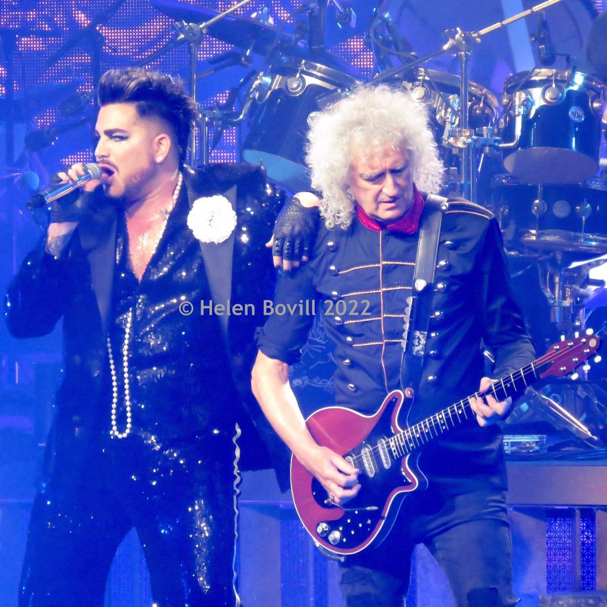 HBovill's tweet photo. An amazing second night for Queen + Adam Lambert in Manchester! 
One of the things I've loved watching over the 10 years they've worked together is the chemistry that's developed between him and the original members of the band. This tweet is dedicated to that! https://t.co/kQWw8iF8gW