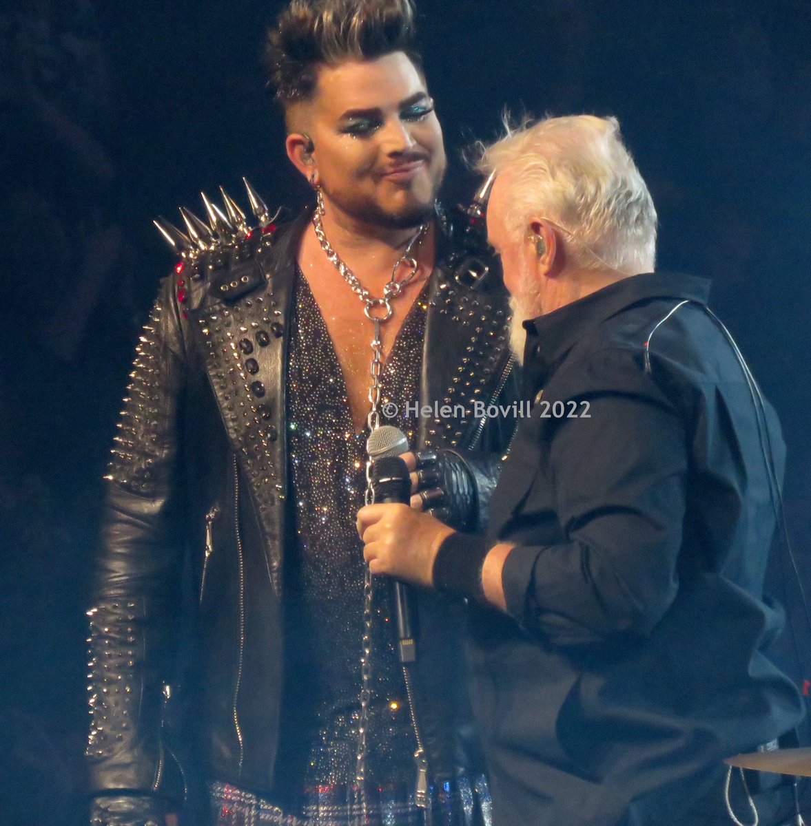 HBovill's tweet photo. An amazing second night for Queen + Adam Lambert in Manchester! 
One of the things I've loved watching over the 10 years they've worked together is the chemistry that's developed between him and the original members of the band. This tweet is dedicated to that! https://t.co/kQWw8iF8gW
