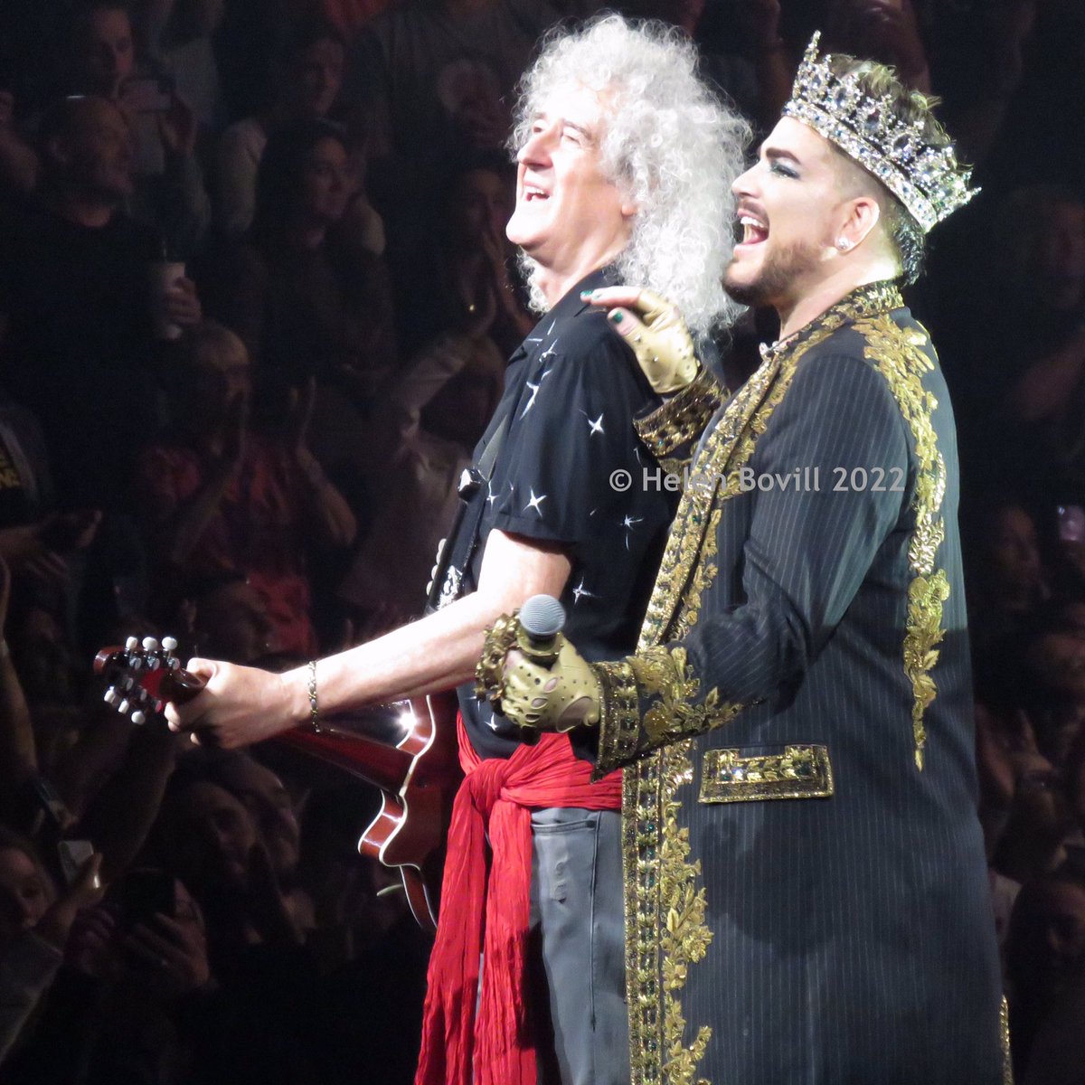 HBovill's tweet photo. An amazing second night for Queen + Adam Lambert in Manchester! 
One of the things I've loved watching over the 10 years they've worked together is the chemistry that's developed between him and the original members of the band. This tweet is dedicated to that! https://t.co/kQWw8iF8gW