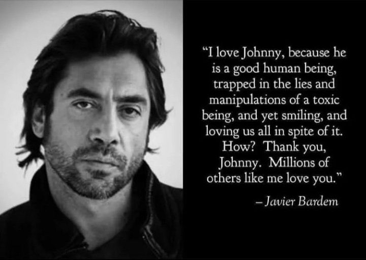 sagiollara's tweet photo. “Amo a Johnny porque es un buen ser humano, atrapado en las mentiras y manipulaciones de un ser tóxico y, sin embargo, sonríe y nos ama a todos a pesar de ello. ¿Cómo? Gracias, Johnny. Millones de otros como yo te aman.”
-Javier Bardem.
#JusticeForJohnnyDepp
#JohnnyDepp #Respect https://t.co/CzTyzRf4iU