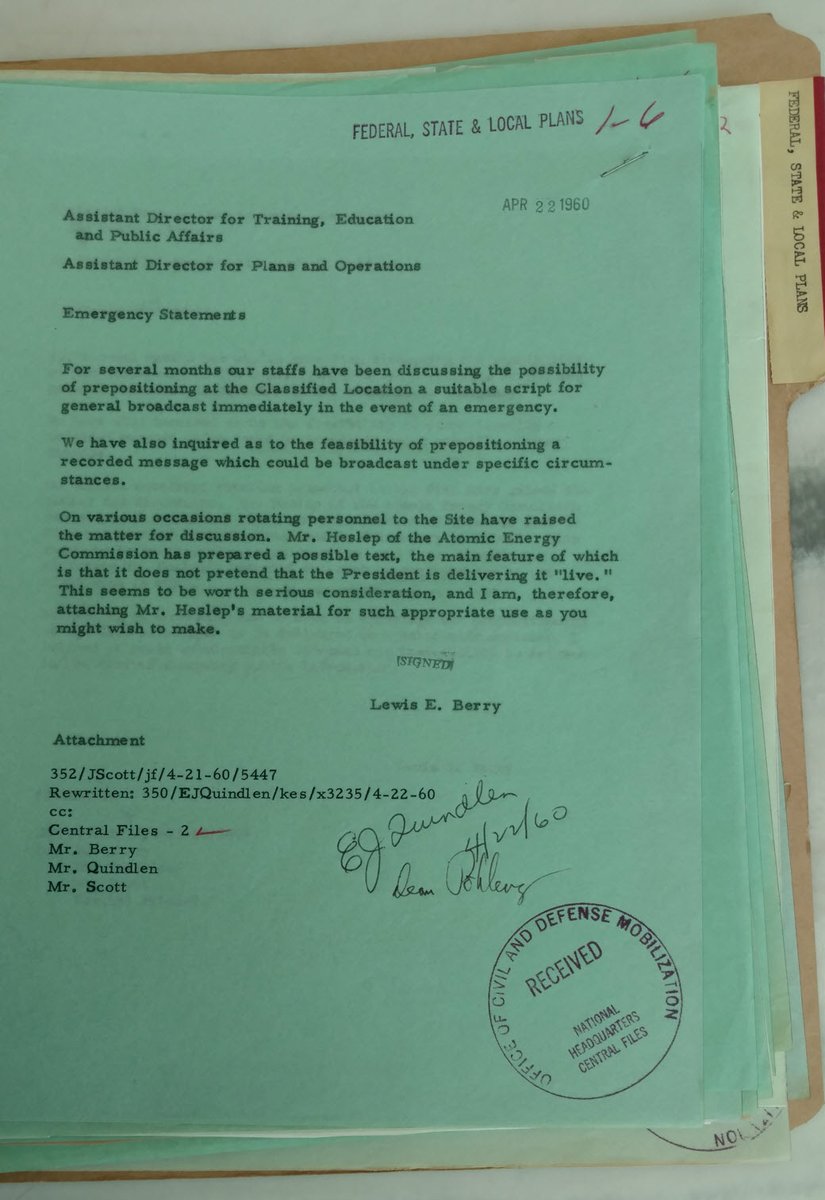 CONELRAD6401240's tweet photo. Doomsday script not attached. Charter Heslep took it to the grave. "Classified Location" = #MountWeather. https://t.co/PZMkm5EoY9