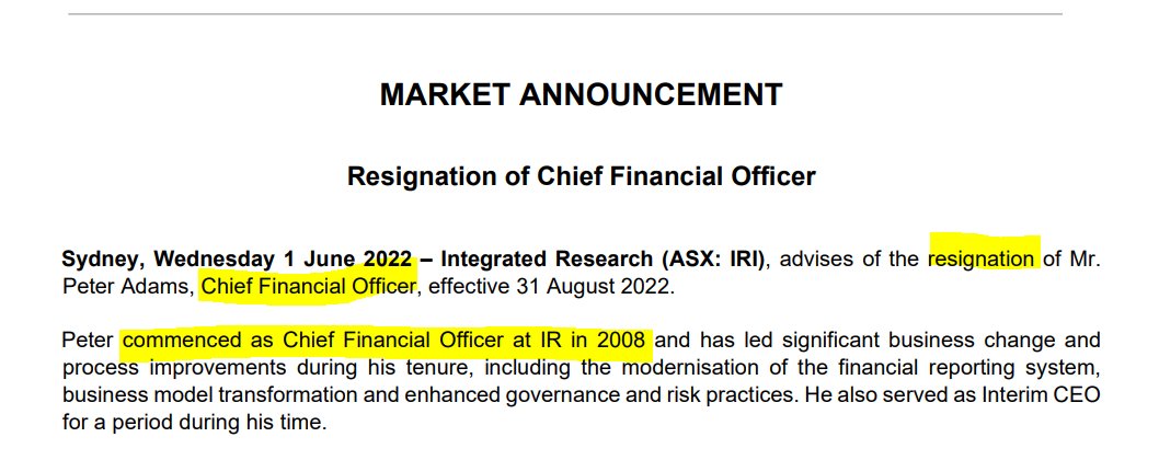 myblocksapp's tweet photo. Integerated Research $IRI
CFO resigns after 14 years - maybe nothing - but working capital position could be interesting to watch.. https://t.co/NShTnY1Zd2