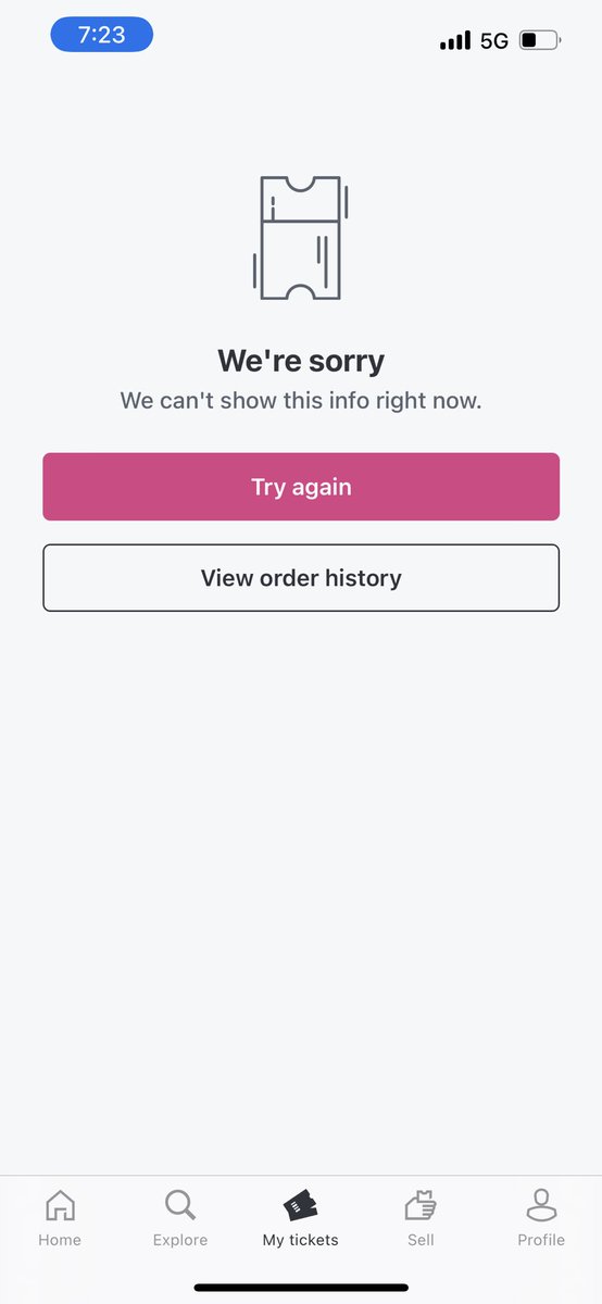 tcarlson95's tweet photo. @StubHub is the app down?  Keep getting this and can’t get into the parking lot! https://t.co/po6FHAotpZ