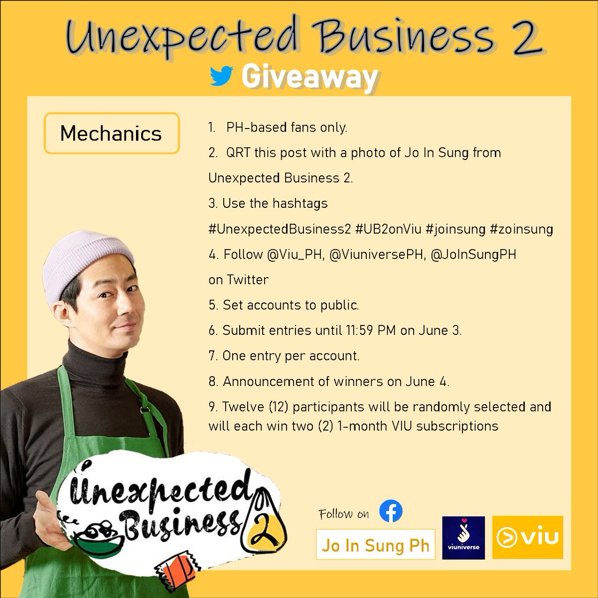 JoInSungPH's tweet photo. 🎉❗GIVEAWAY ALERT❗🎉
Get a chance to win 1-month complimentary VIU Premium subscriptions, courtesy of @Viu_PH
@ViuniversePH!

Follow mechanics below. Deadline of entries is at 11:59PM of June 3.
#UnexpectedBusiness2 #UB2onViu #joinsung #zoinsung https://t.co/lzUCtFHejX