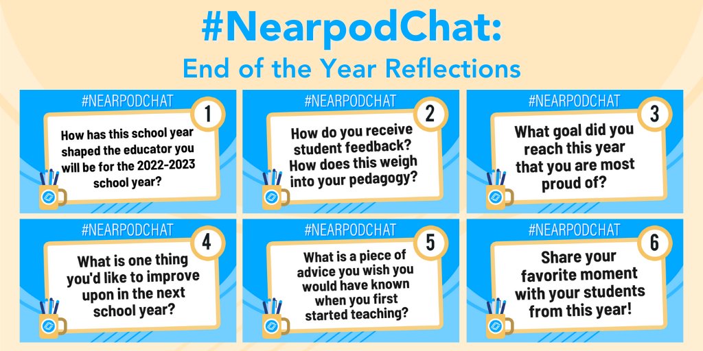 Nearpod (@nearpod) on Twitter photo 🎉 Join us for the last #NearpodChat before summer TOMORROW! 🎉
💙 Topic: End of the Year Reflections
⏰ Time: 8pm ET
👩💻 Host: <a href="/MzKing80/">Latisha King</a>
Retweet if you will be joining us! 🌟 #EdChat #EduTwitter 🎉 Join us for the last #NearpodChat before summer TOMORROW! 🎉
💙 Topic: End of the Year Reflections
⏰ Time: 8pm ET
👩💻 Host: <a href="/MzKing80/">Latisha King</a>
Retweet if you will be joining us! 🌟 #EdChat #EduTwitter