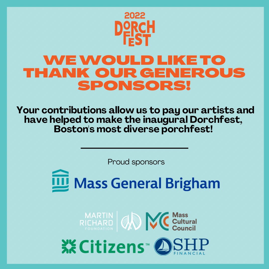 We’re in the homestretch! And must give a shout out to our sponsors who made the inaugural Dorchfest come to life!!! <a href="/MassGenBrigham/">Mass General Brigham</a> <a href="/TeamMR8/">Martin Richard Foundation</a> <a href="/masscultural/">Mass Cultural Council</a> <a href="/CitizensBank/">Citizens</a> #shpfinancial