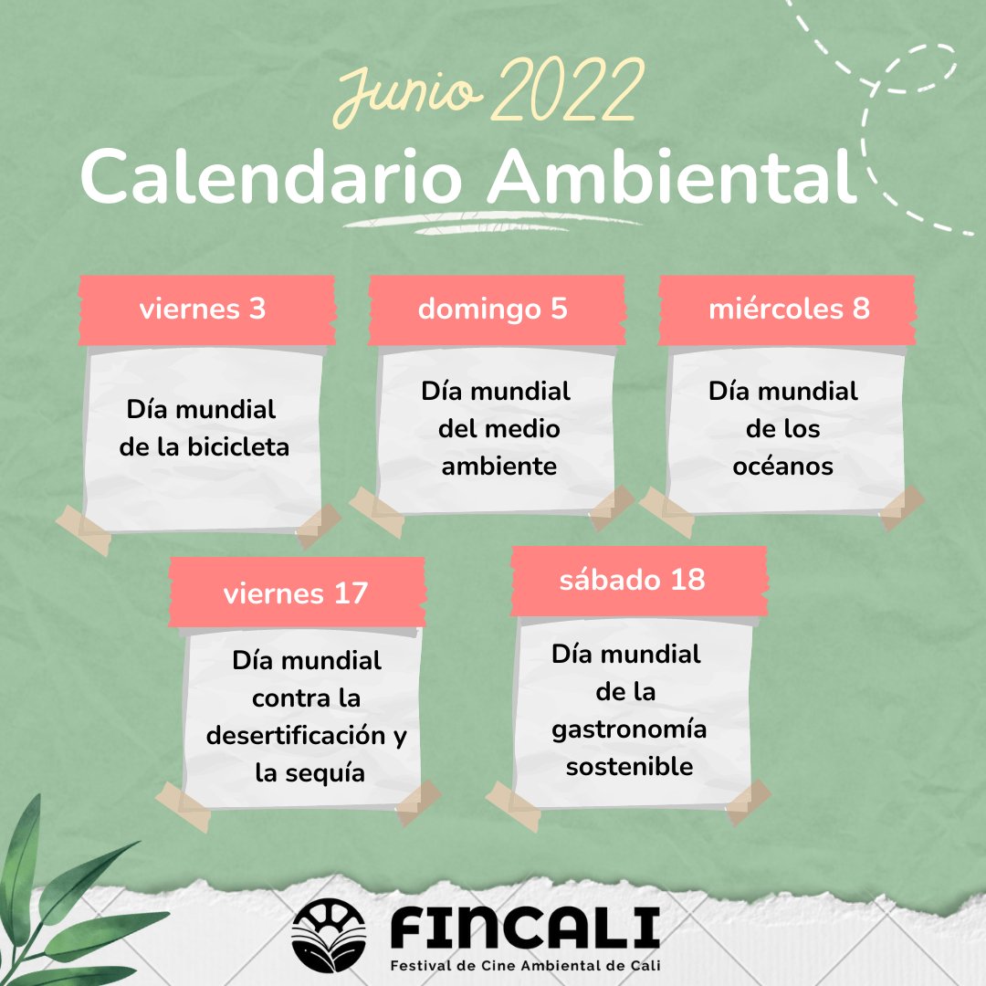 festivalFINCALI's tweet photo. 💫𝗝𝗨𝗡𝗜𝗢💫 llegamos a la mitad del año, un mes muy movido con fechas y temáticas muy interesantes para celebrar nuestro amor a la madre tierra. 🍃✊🏽🗓️

#CalendarioAmbiental #SembrandoCine #ElCineEsSemilla #RodandoElMensaje https://t.co/XmMboCbfaz