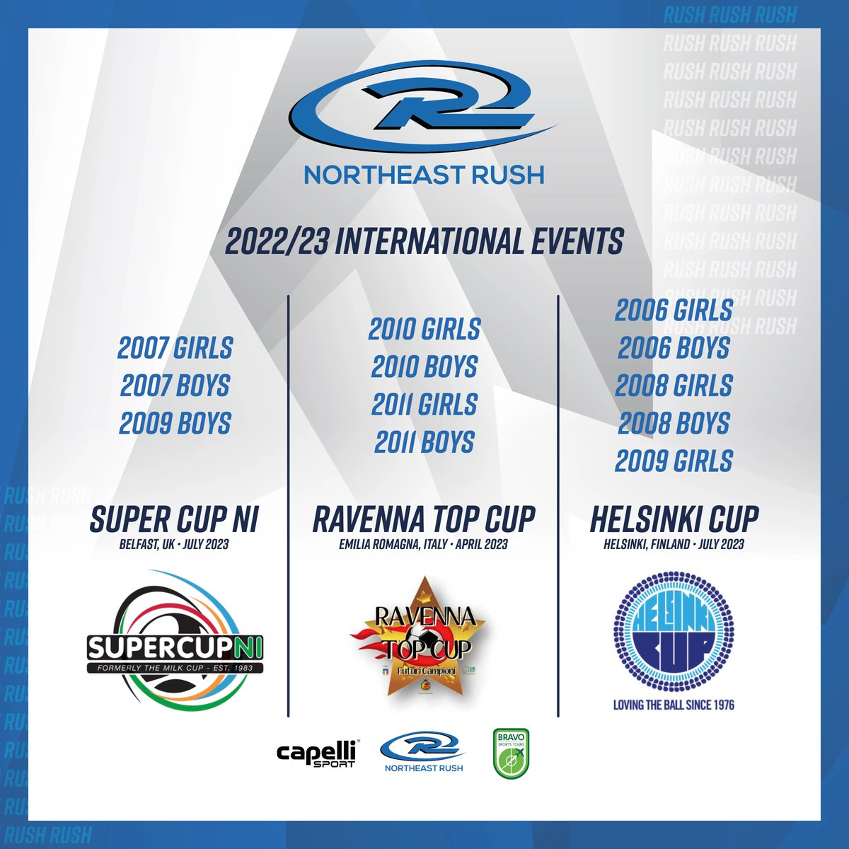 NortheastRush's tweet photo. The Northeast Rush Select 2006-2011 Boys and Girls teams have a lot to look forward to during the 2022/23 season.

We are honored to participate in such renowned events in the United Kingdom, Italy, and Finland!

#NortheastRush #RushSoccer #RUID #InternationalEvents https://t.co/SdkE9sX1A6