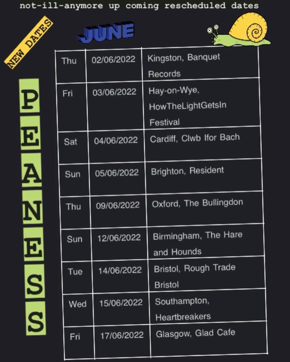 PeanessBand's tweet photo. JUNE DATES EVERYBODY. Rach is back in action (hooray!) so I made a cute poster on the postpones dates earlier this month.
POW! Ready to go letโs go. it would be lovely to see you.
๐ ๐ ๐
https://t.co/8jDjH3y4FQ
#Peaness #Peanessband #totallysnick #wfow https://t.co/zwe30vvpeZ