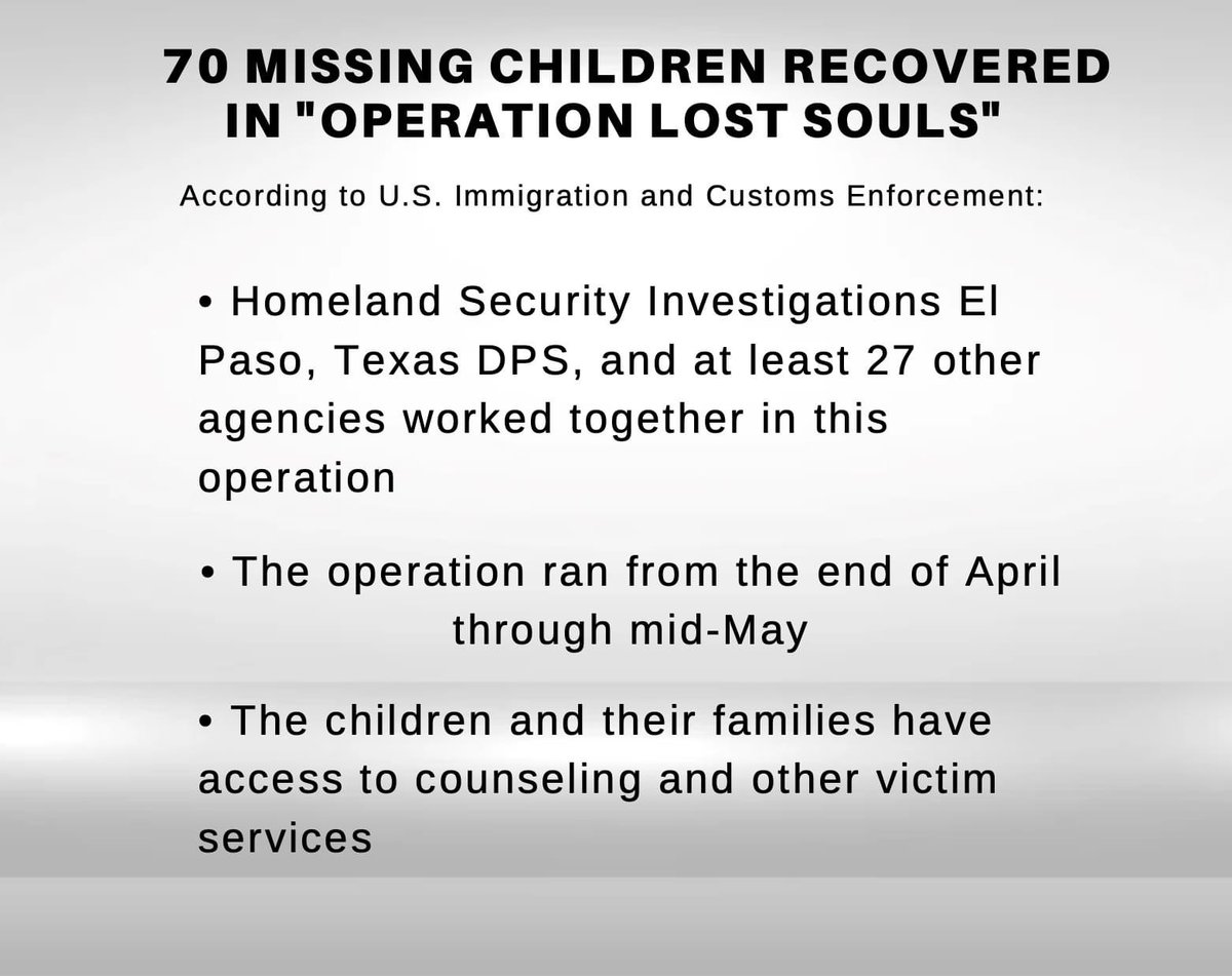 GianniWindahlTV's tweet photo. 70 #missing #children have been found, according to #ICE. “Operation Lost Souls” was conducted in #Midland County, #Ector County, #TomGreen County, and #ElPaso County, ICE officials said in a release. https://t.co/aGMnsBrljg
