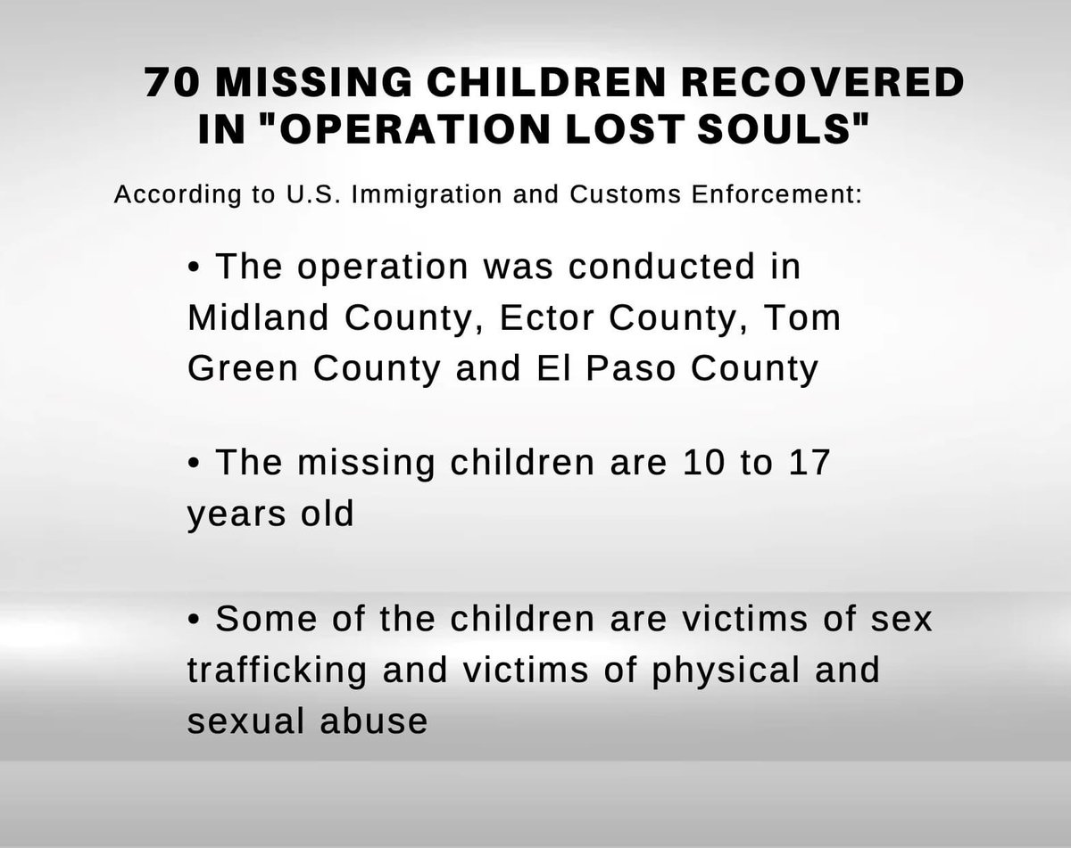 GianniWindahlTV's tweet photo. 70 #missing #children have been found, according to #ICE. “Operation Lost Souls” was conducted in #Midland County, #Ector County, #TomGreen County, and #ElPaso County, ICE officials said in a release. https://t.co/aGMnsBrljg