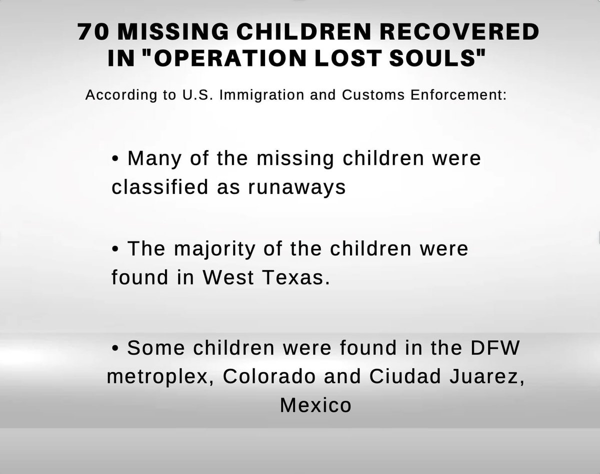 GianniWindahlTV's tweet photo. 70 #missing #children have been found, according to #ICE. “Operation Lost Souls” was conducted in #Midland County, #Ector County, #TomGreen County, and #ElPaso County, ICE officials said in a release. https://t.co/aGMnsBrljg