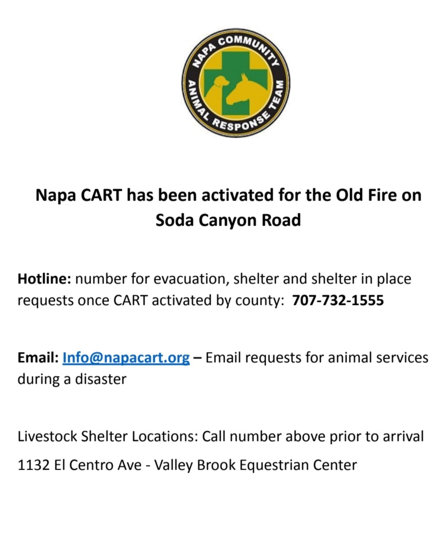 NapaCART's tweet photo. Napa CART has been activated for the #OldFire. If you need evacuation assistance with your animals call 707-732-1555. https://t.co/xtQQgAQOfG