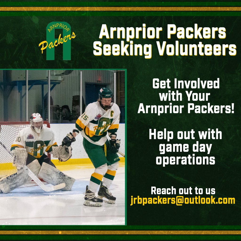 PackersHockey's tweet photo. 🔰We are Seeking Volunteers!
•
If you’re interested in getting involved with the Arnprior Packers and helping out with game day operations, please reach out to us at jrbpackers@outlook.com
•
#eojhl #arnprior #packerspride #packers https://t.co/JR5jcoIOnR