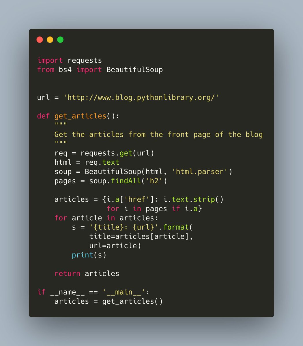 driscollis's tweet image. Need to scrape a web page? You can do that with #Python and #BeautifulSoup  🐍🍲
Here's an example: