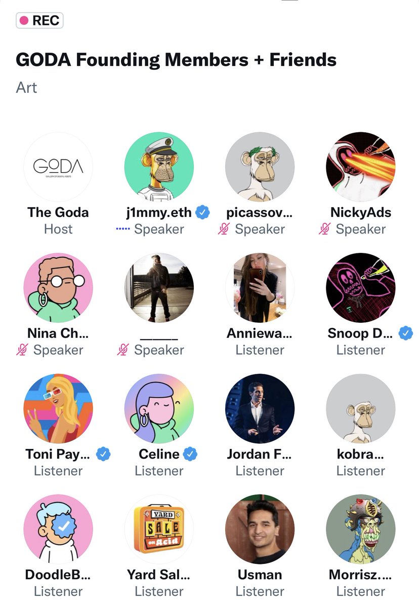 Hanging out with some awesomely dope NFT peeps. 
<a href="/TheGoda_io/">Gallery Of Digital Assets ⚪️</a> <a href="/SnoopDogg/">Snoop Dogg</a> <a href="/jordanfried/">Jordan Fried</a> <a href="/j1mmyeth/">j</a> <a href="/tonipayne/">Toni Payne | Orisha</a> <a href="/celinethethird/">Celine</a> <a href="/nickyads/">NickyAds</a> <a href="/kobrakao/">jeffbozos 🍌 🦍</a> 

Listen if you missed out! 👇🏼 
x.com/i/spaces/1mrGm…

#TwitterSpaces #web3 #NFTartists #musicartists #MusicNFTs