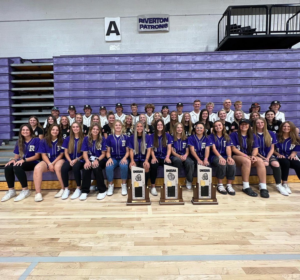 RivertonSoccer's tweet photo. All the State Champs in 1 photo! Baseball, Soccer, and Softball. What a year for the Silverwolves! https://t.co/Ao7b7gww21