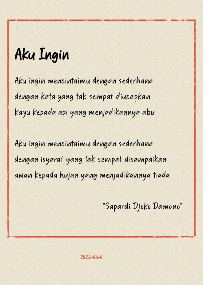 xyloventis's tweet photo. "Hujan Bulan Juni"
"Sapardi Djoko Damono" https://t.co/hWE99VNVT7