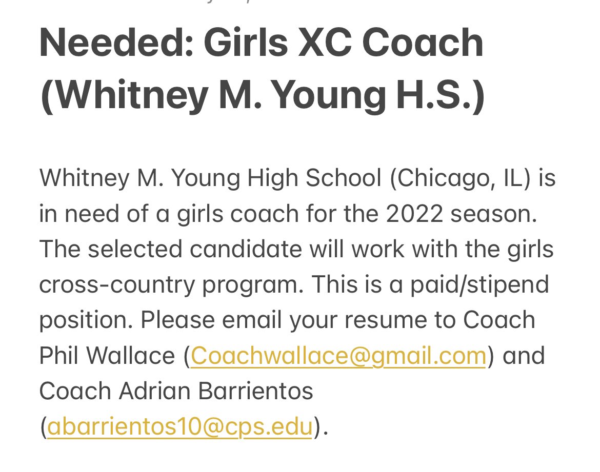 🚨 Attention 🚨
Coaching opportunity with our girls program 
@MileSplitIL <a href="/ILXCTF/">Illinois HS XC/TF</a>