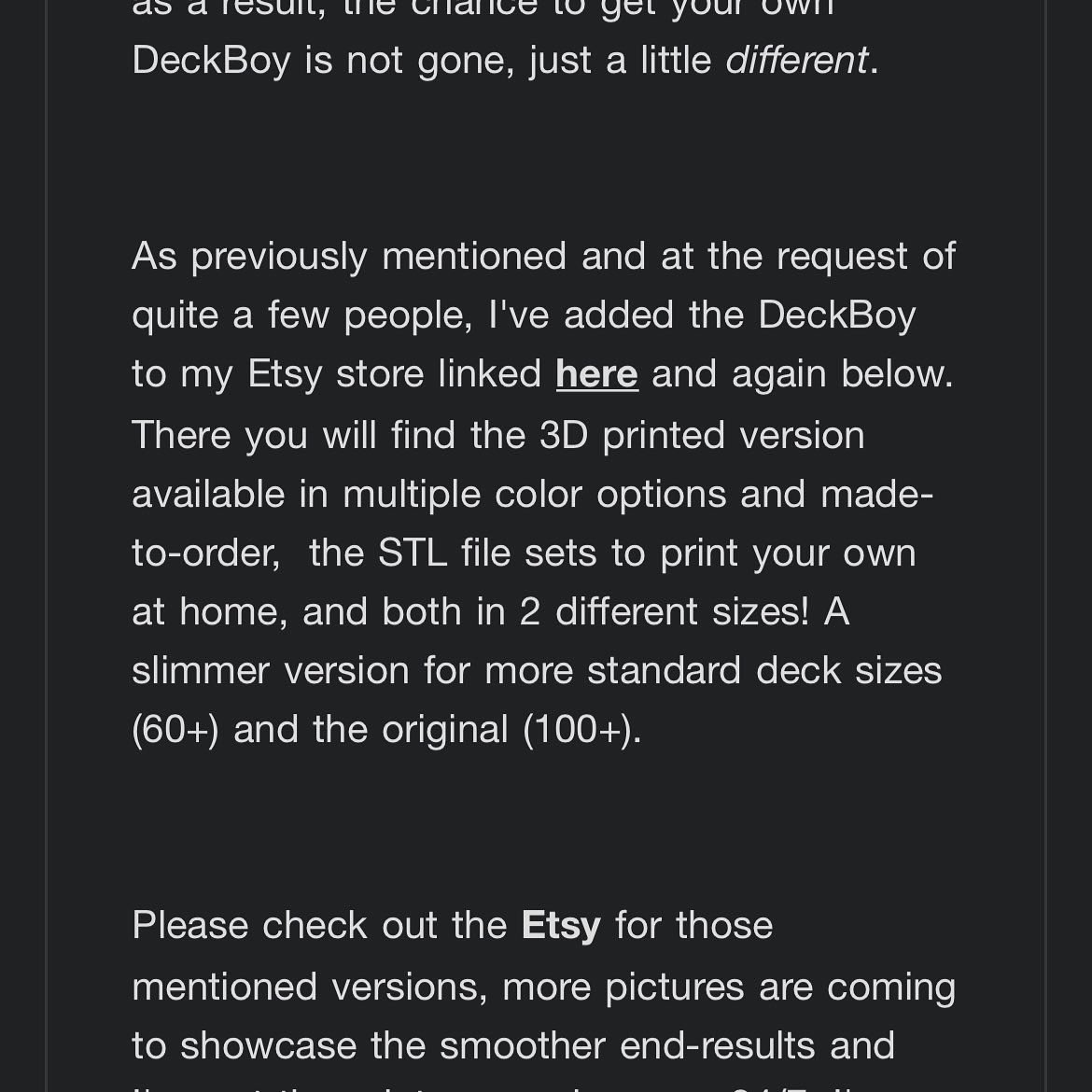 DeckBoyofficial's tweet photo. Kickstarter wasn't successful
but all that means is that rather that doing a large injected molded plastic run, the DeckBoy is keeping the 3D printed vibe, fine-tuned and adjusted for just that! https://t.co/5rt5HlQUcr
#tcg #deckboy #mtg
#MagicTheGathering #PokemonTCG https://t.co/1ycNiJFNHc