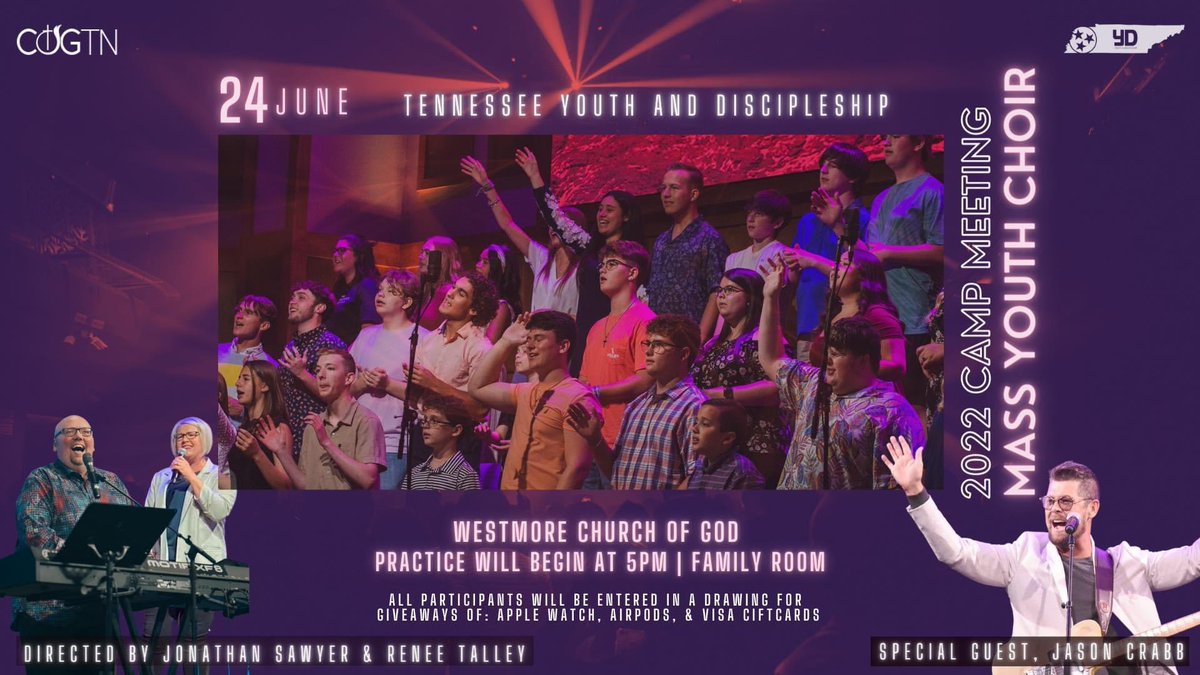 Hope to see you in the Tennessee Camp Meeting Youth Choir. Air pods, an Apple Watch, gift cards and more prizes will be thrown out to members of the choir!