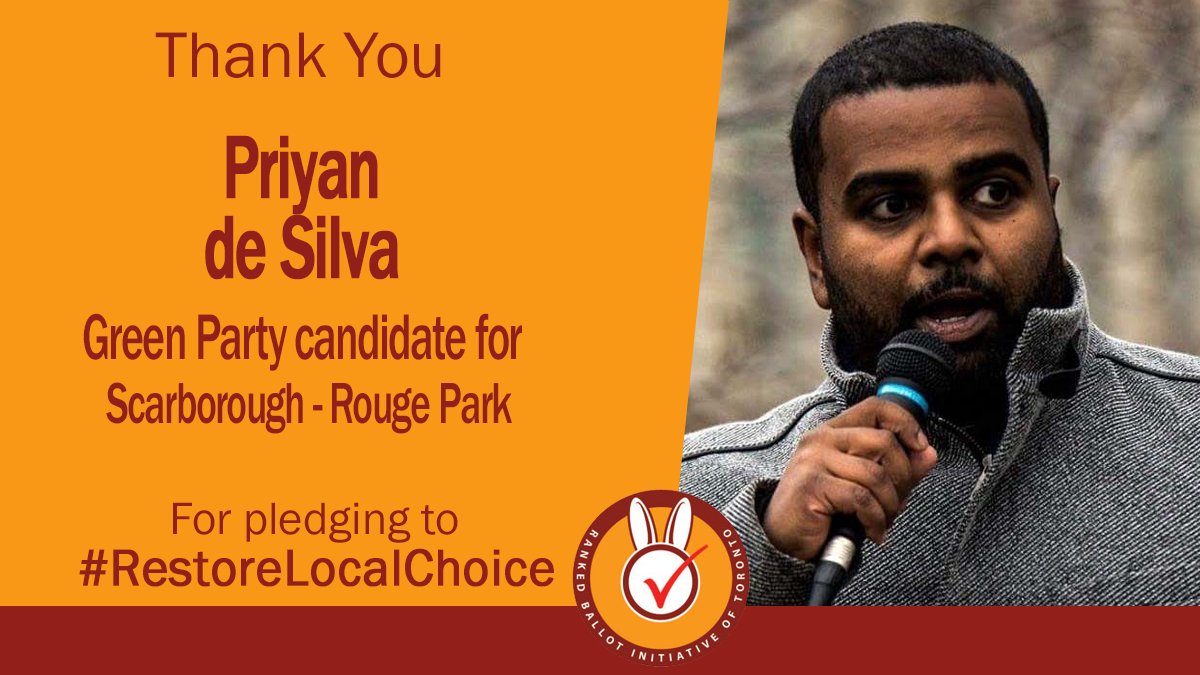 TorontoRaBIT's tweet photo. Thank you Priyan de Silva @PriyanGPO, @OntarioGreens candidate in #ScarboroughRougePark, for pledging to #RestoreLocalChoice by enabling the use of #RankedBallots for municipal elections in Ontario! #onpoli #OntarioVotes #elxn43 https://t.co/YQEacp8nch