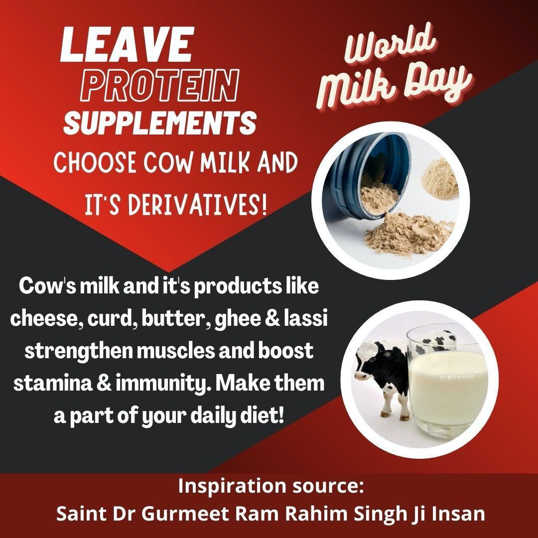 #CowMilkParty
Cow's milk and it's products like cheese, curd, butter, ghee & lassi strengthen muscles and boost stamina & immunity. Make them a part of your daily diet!
Inspiration source: Saint Dr Gurmeet Ram Rahim Singh Ji Insan 
#WorldMilkDay2022