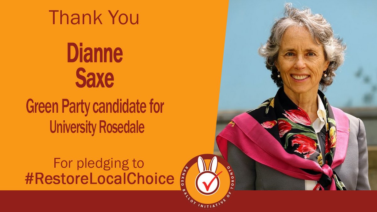 TorontoRaBIT's tweet photo. Thank you @DianneSaxe, @OntarioGreens candidate in #UniversityRosedale, for pledging to #RestoreLocalChoice by enabling the use of #RankedBallots for municipal elections in Ontario! #onpoli #OntarioVotes #elxn43 https://t.co/r8Ok1XJ75S