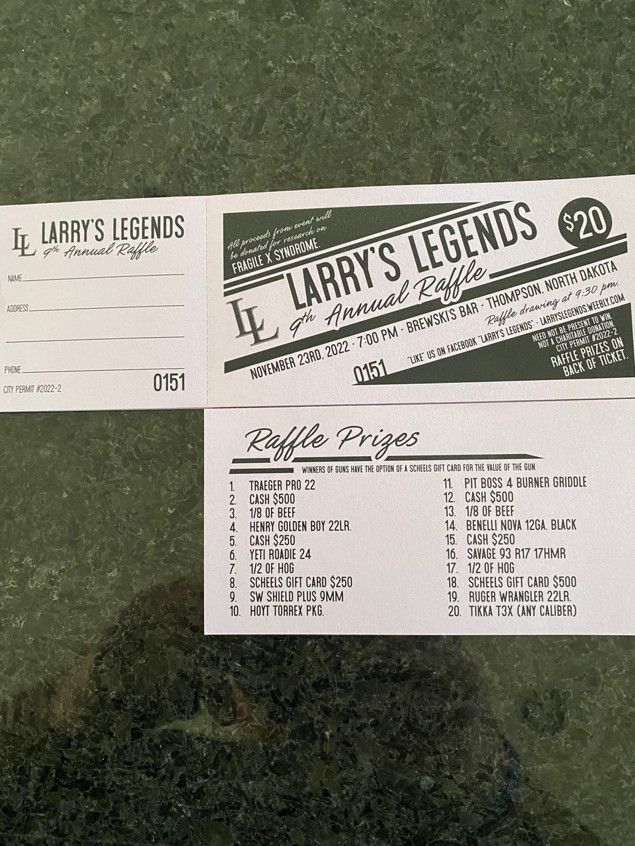 Our 9th Annual Raffle Tickets are now on sale…..let’s know if we can hook you up with some.  #fragilex #findacure #larryslegends
