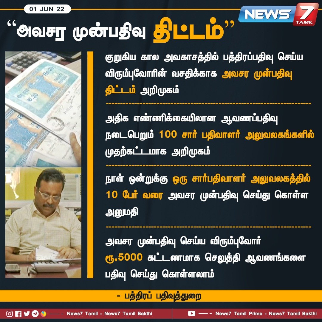 news7tamil's tweet photo. #NewsUpdate
அவசர முன்பதிவு திட்டம் அறிமுகம் - பத்திரப் பதிவுத்துறை
https://t.co/WciCN2SQmv | @pmoorthy21 | #TNreginet | #News7Tamil | #News7TamilUpdates https://t.co/g6GetxiTb0