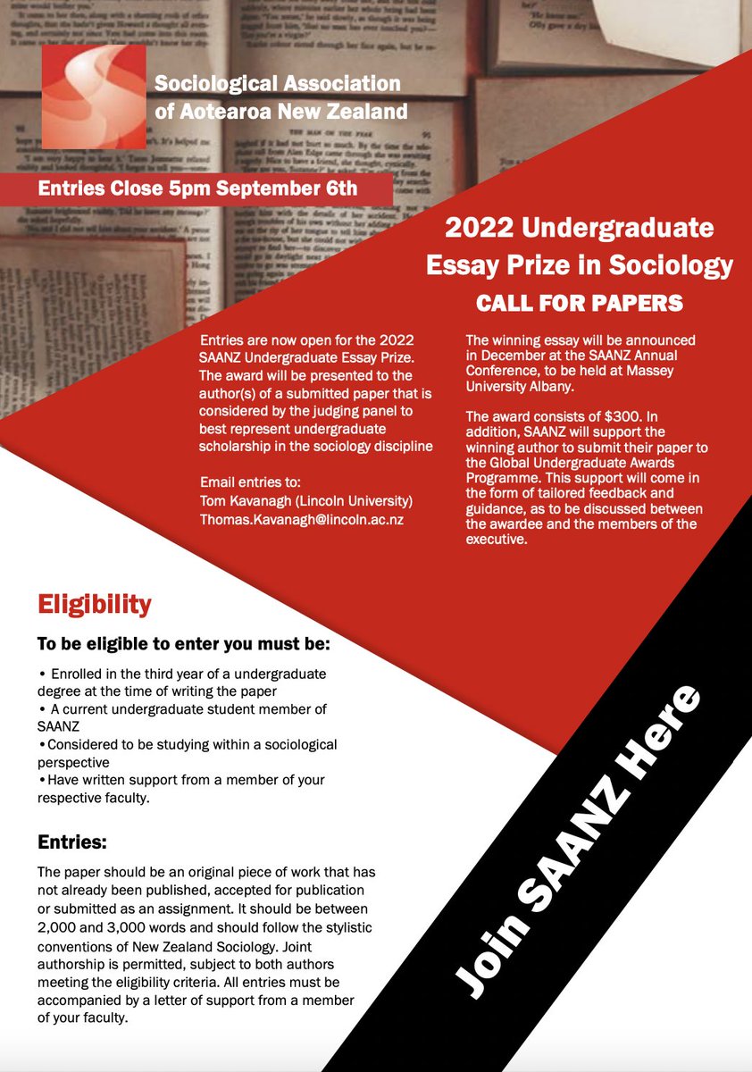 SAANZSociology's tweet photo. 2022 Undergraduate Essay Prize in Sociology

Entries are now open for the inaugural SAANZ Undergraduate Essay Prize. 

Open to SAANZ undergraduate student members who are enrolled in the third year of their undergraduate degree at the time of writing the paper. https://t.co/BwcUz0eyPJ