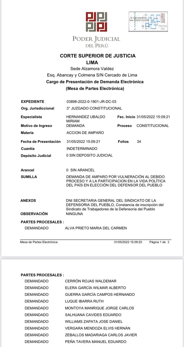 SindicatoDP's tweet photo. Interpusimos DEMANDA DE AMPARO solicitando que el @congresoperu DEJE SIN EFECTO el proceso de elección del Defensor/a del Pueblo, por atentar contra los principios de transparencia, meritocracia, no arbitrariedad, y el derecho de participación en la vida política del país. (1/2) https://t.co/pMrtevnbot