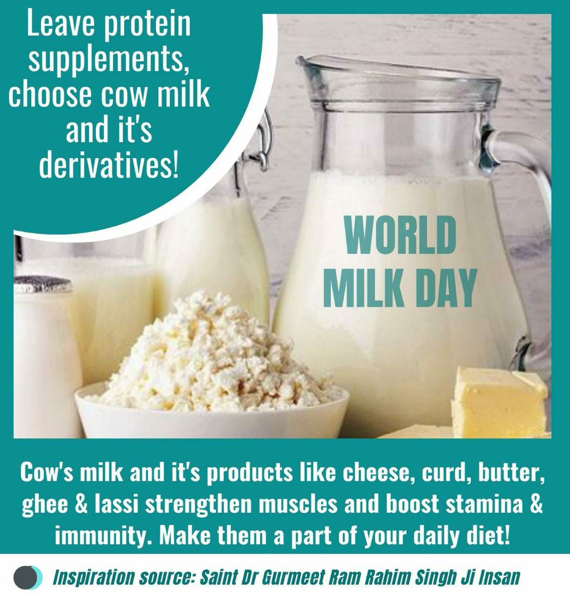#WorldMilkDay2022 
Millons of celebrates their special #WorldMilkDay occasion by #CowMilkParty and #EnjoyDairy because of its many health benefits like providing strength and various nutrients, this pious teaching given by Spiritual Master Saint Gurneet Ram Rahim Ji.