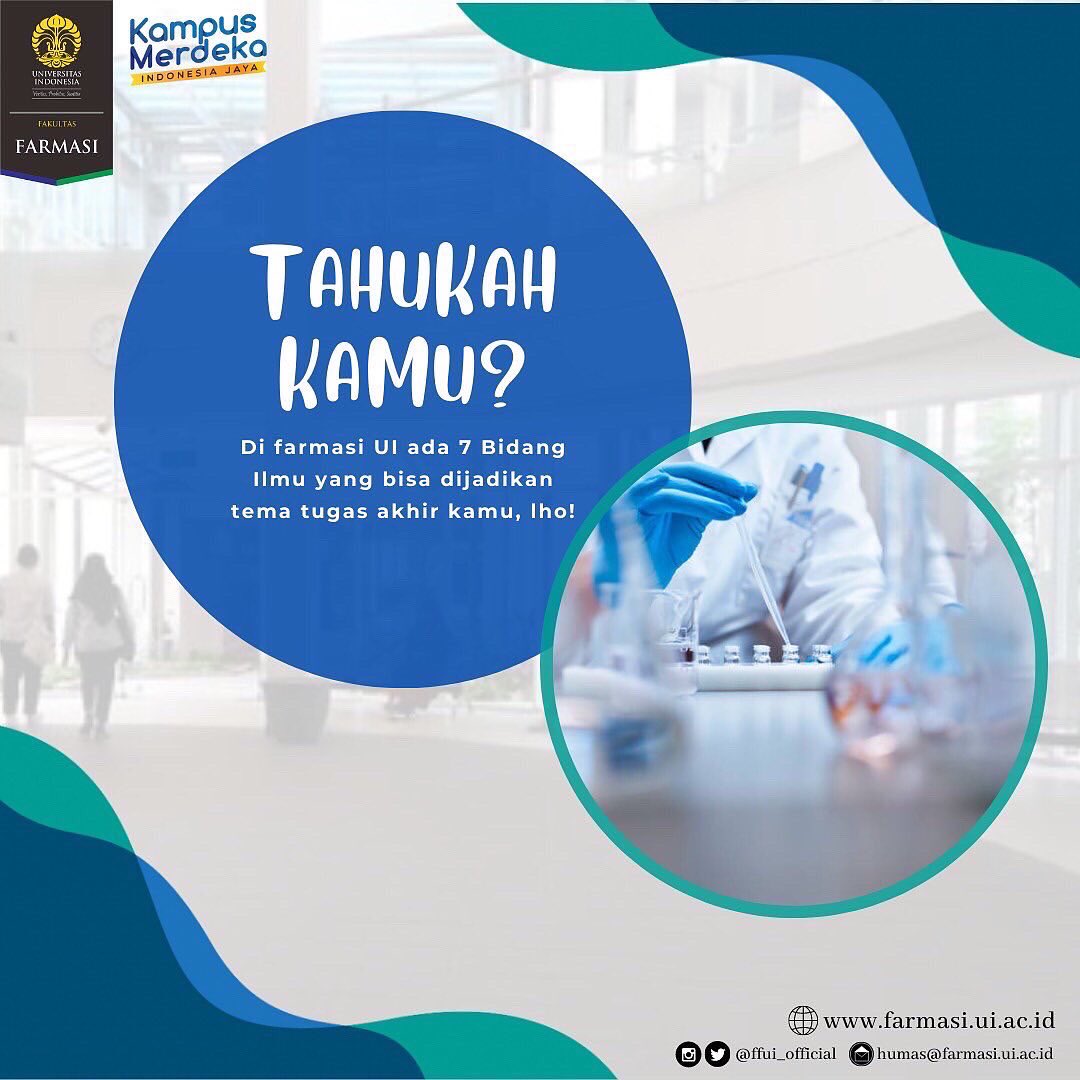 ffui_official's tweet photo. Haloo, sobat Biru Hijau!

Sudah tahu belum kalau di Farmasi UI terdapat 7 bidang ilmu yang bisa kalian eksplor dan dijadikan tema tugas akhir, lho!

Ingin tahu apa saja? Yuk, simak poster di bawah ini 😄👇🏻

#FakultasFarmasiUI
#FFUI https://t.co/eDYojJ15XQ