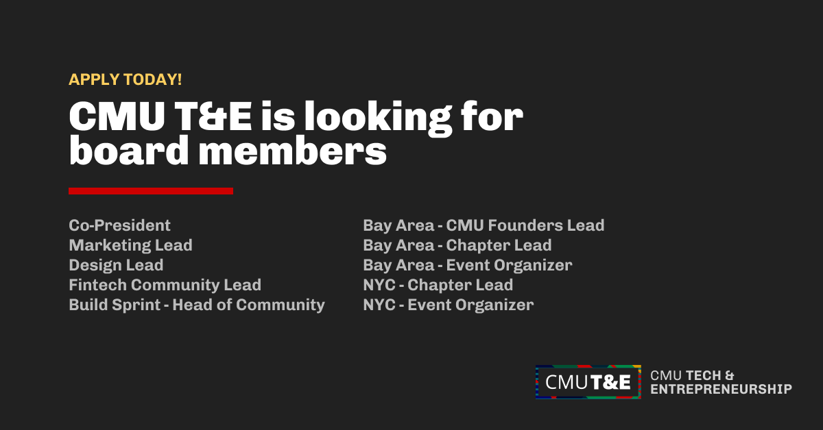 The CMU Tech &amp; Entrepreneurship community has been growing like crazy to 7k+ Tartans across the world! 

We're looking for entrepreneurial Tartans to join our team to help take CMU entrepreneurship to the next level.

Learn more and see open positions: bit.ly/cmu_te_2022