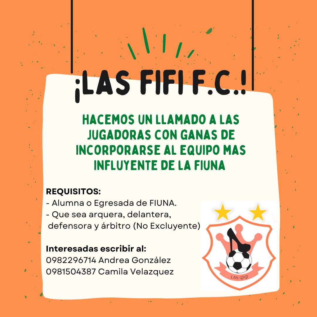 lasfifis_fc's tweet photo. ATENCION BICHAS, ESTUDIANTES E INGENIERAS EGRESADAS DE LA FIUNA🚨🚨🚨🔜
Estas cansada de ver la fiesta del COFFEM todos los dias desde la banca o como hinchada??
NO BUSQUES MAS, ESTE ES TU MOMENTO DE BRILLAR⭐️⭐️⭐️⭐️
Juga con las fifi y te prometemos llegar siempre a la final. https://t.co/EGC06yFK9I