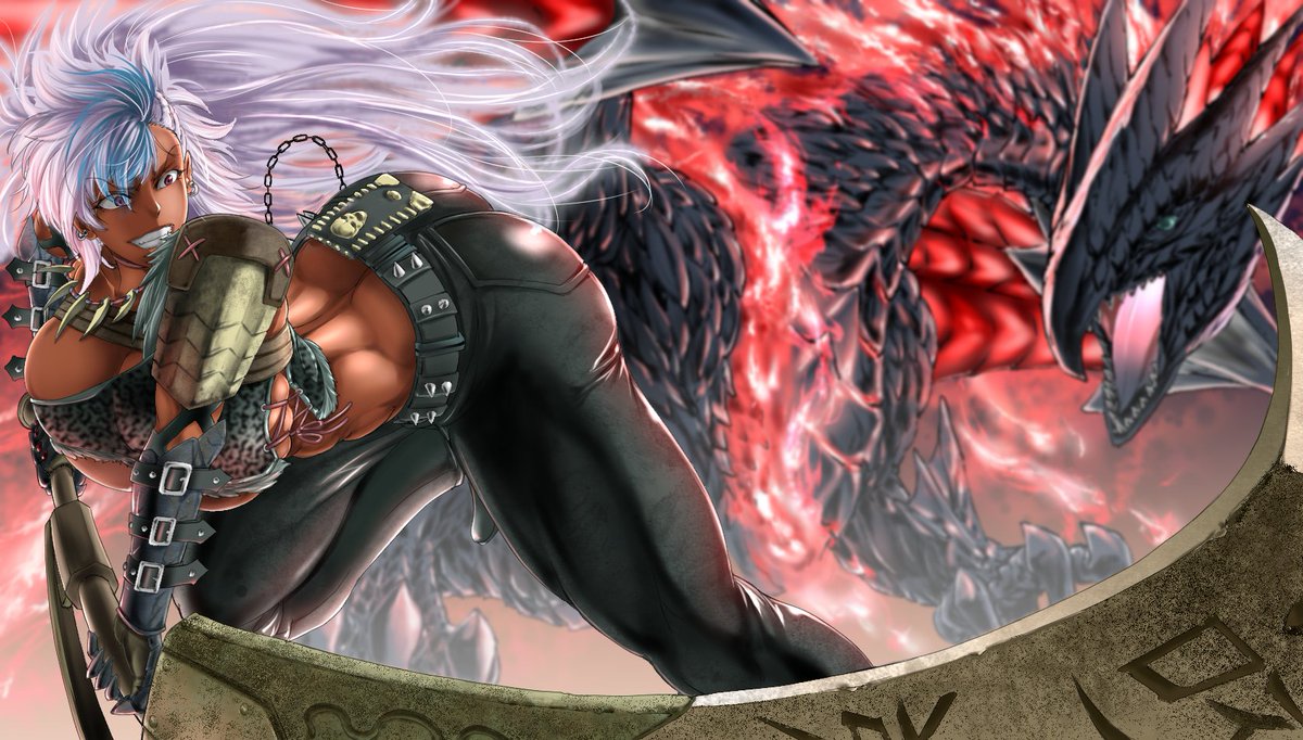 #コミッション #モンハン #ヴァルファルク 壁紙用イラスト完了です。イメージ通りやれて満足です。キャラの線画が感じないのでCGっぽいですね。このやり方でエロやったらどうなるか楽しみですな 