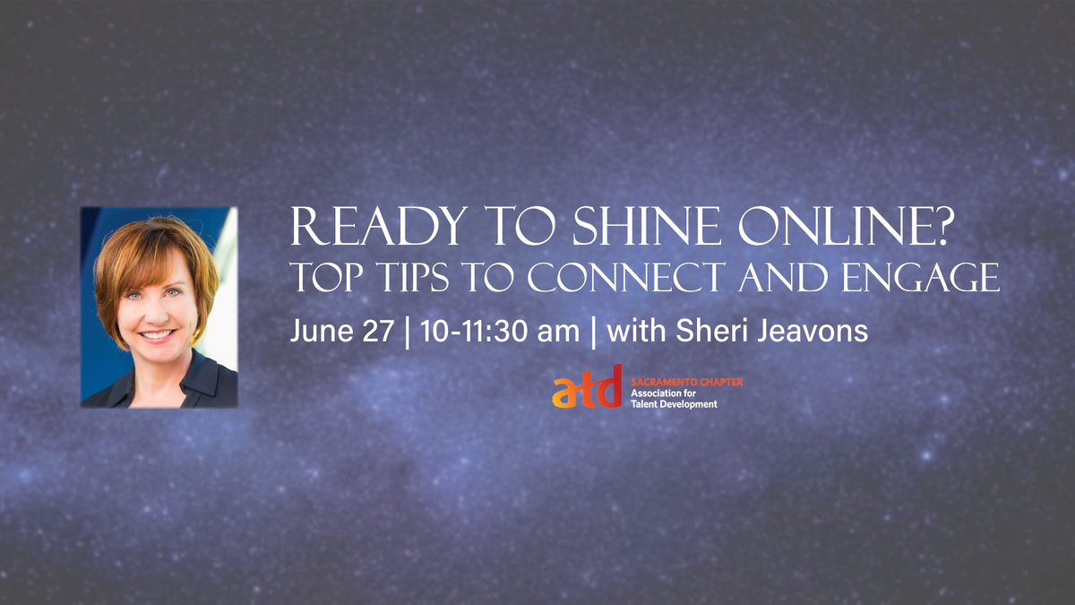 ATDSac's tweet image. Join ATD Sacramento and Sheri Jeavons in this interactive 90-minute session to learn how to engage your online audience.

Register here: tdsac.org/event-4839835 

#learninganddevelopment #online #virtual