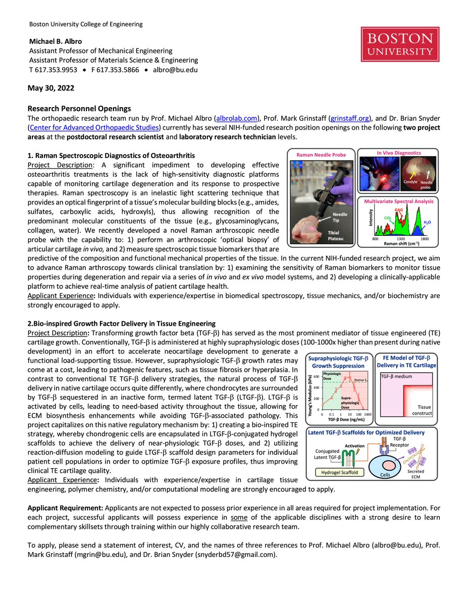 The orthopaedic research team run by <a href="/AlbroLab/">AlbroLab</a>, <a href="/Grinstaff/">Mark G.</a>, and Dr. Brian Snyder is excited to announce NIH-funded postdoctoral positions on 1) Raman diagnostics of OA and 2) growth factor delivery platforms for cartilage tissue engineering. albrolab.com/open-positions