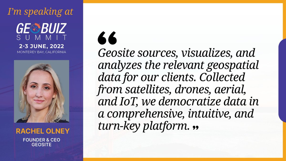 This week, <a href="/_rachelolney/">Rachel Olney</a> will be representing <a href="/GeositeInc/">Geosite</a> on stage at @geoworldmedia's #GeoBuiz2022! We're excited to talk about building a #geospatial marketplace and applying it across industries, starting with insurance innovation.
Schedule a chat here: geosite.io/insurance