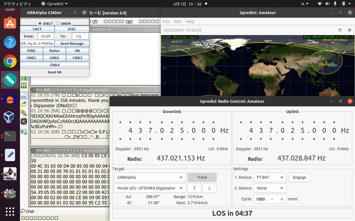 ji1izr's tweet photo. GRBAlpha 2022/06/01 01:49-02:01UTC (10:49-11:01JST) 4 HK decoded, resevered a DNxD message to transmit starting at 07:11UTC above the West part of North America. It will be sent 3 times with 1 minute interval. As it will be midnight, I will try to set another one on next pass. https://t.co/5VcMODC6Y2