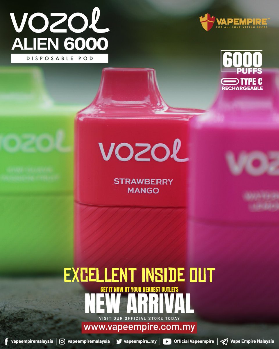 Vempire_my's tweet photo. The wait is over! Vozol Alien 6000 arrived in Vape Empire!
Chop-chop to get it now at the nearest Vape Empire outlets!
#vapempire #vozol #vozolalien6000 #malaysia https://t.co/E3BePrhYYg